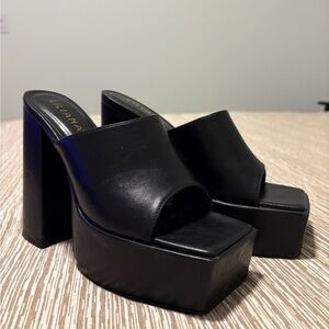 Liliana Black Platform Mule Heels with Chunky Block Heel